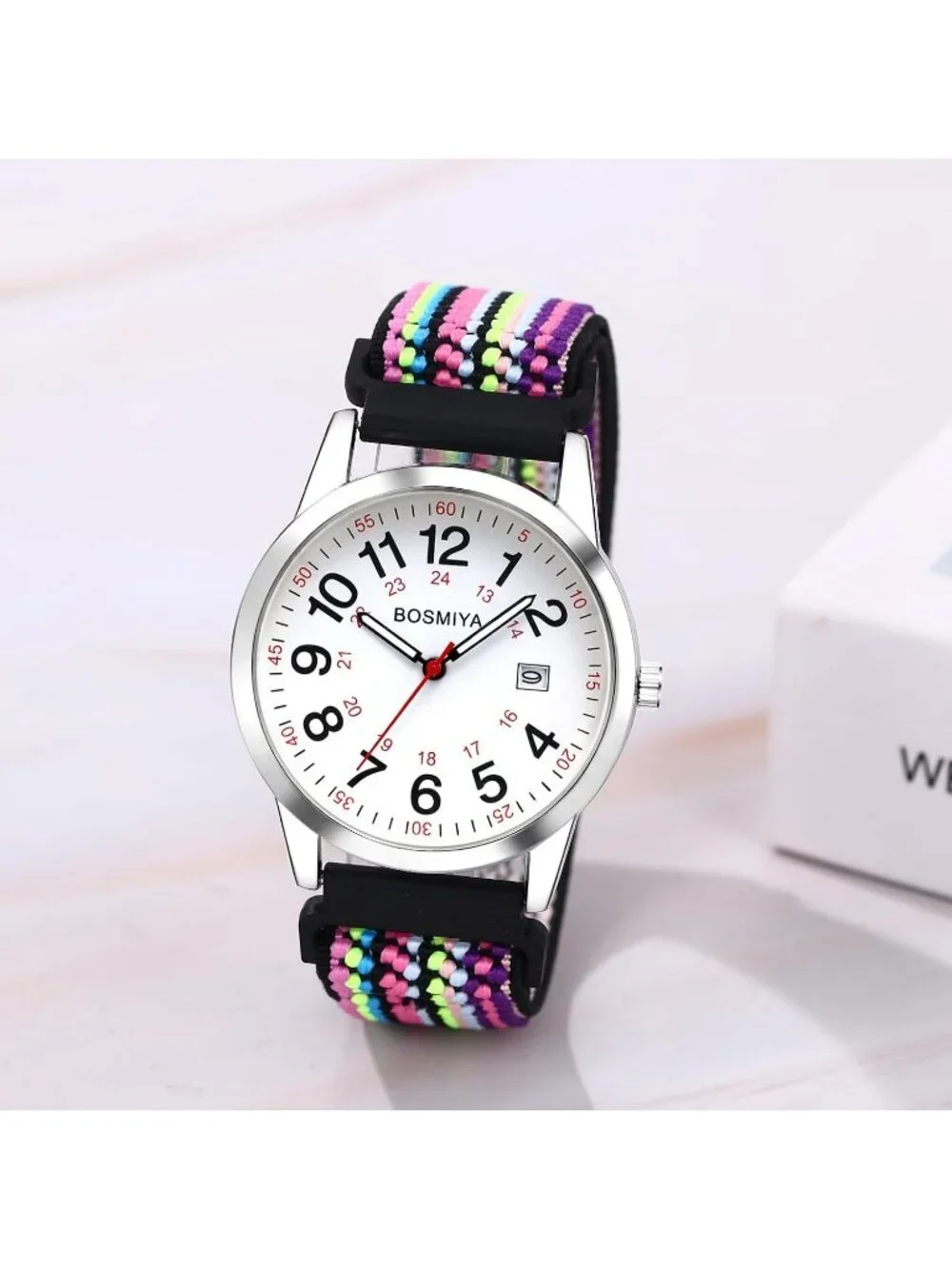 Women's White Purple Quartz Analog Nylon Strap Elastic Band Date Wrist Watch